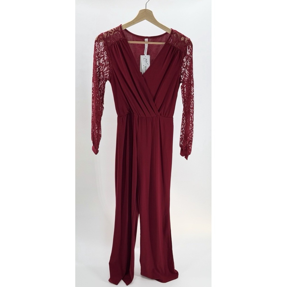 NY Collection Surplice V Neckline Lace Sleeves Jumpsuit Red Wine Petite Small PS